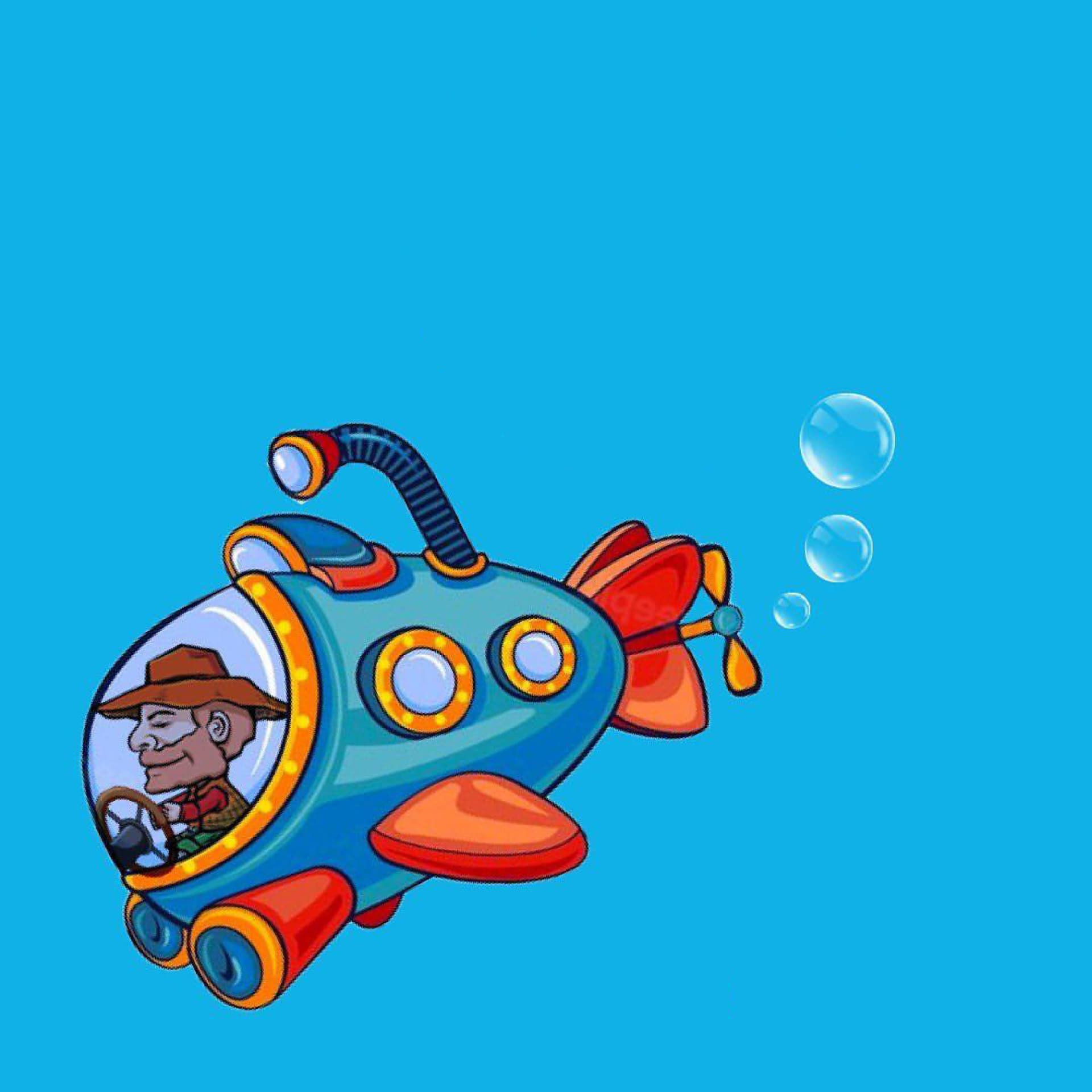 Ilustración del submarino de Find The Fish explorando el fondo del océano